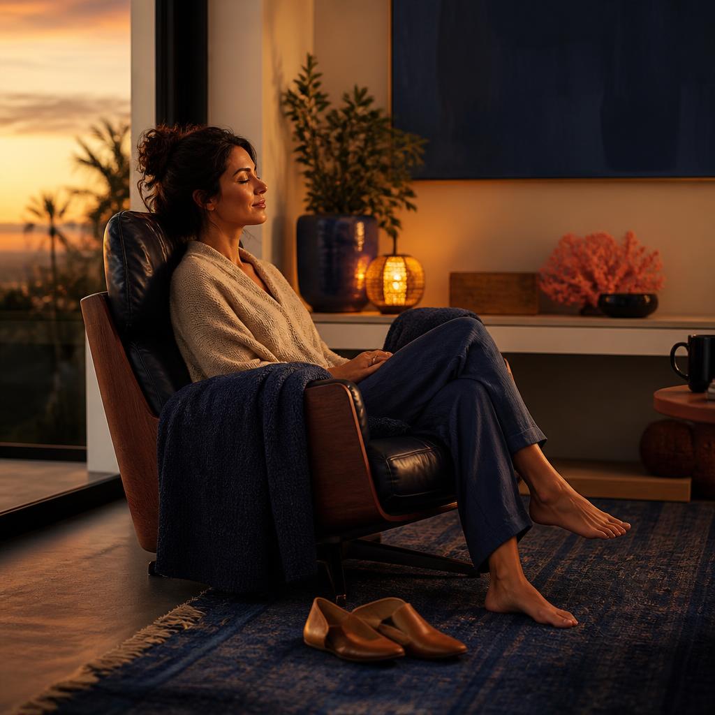 A woman resting in an armchair in warm evening light