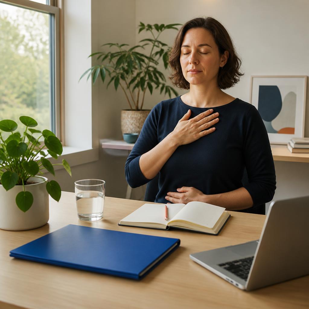 A woman sitting with eyes closed beside a desk