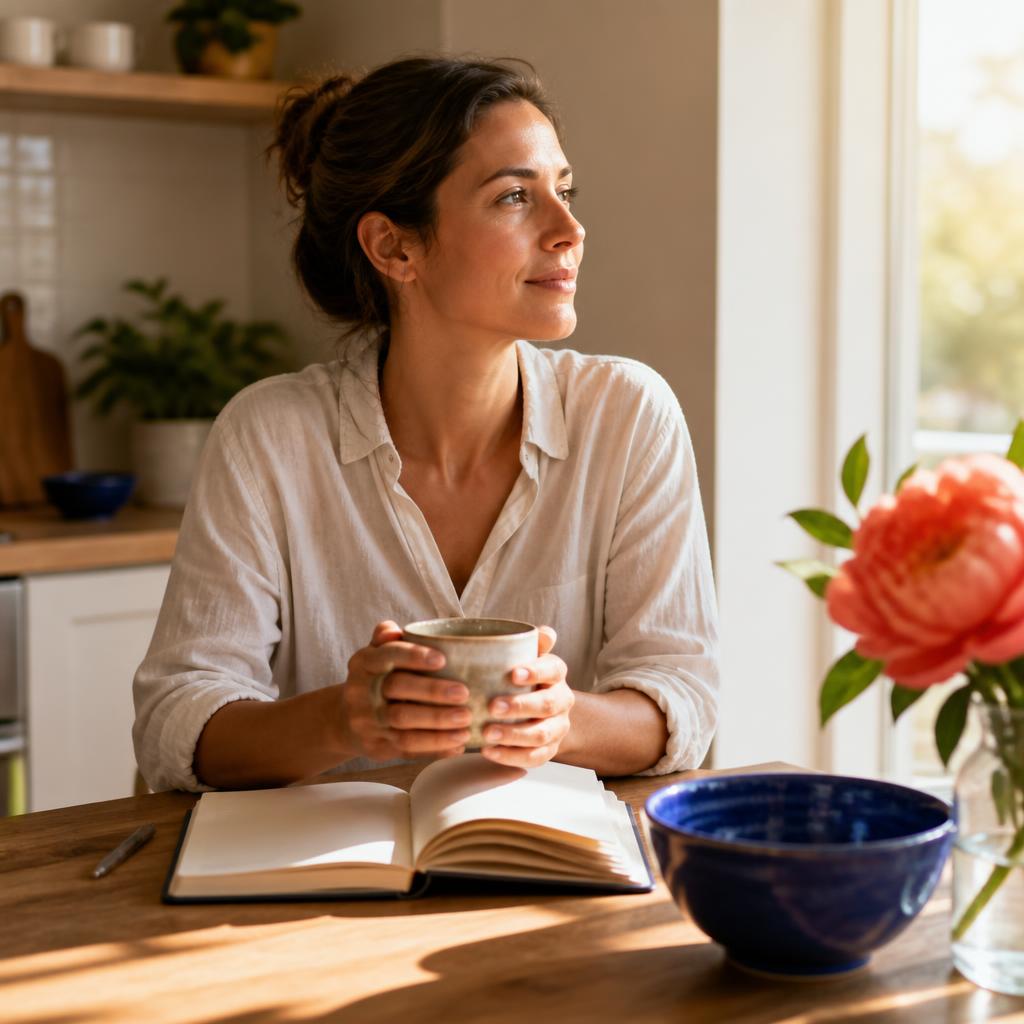 A woman holding a mug beside an open book at a sunlit table