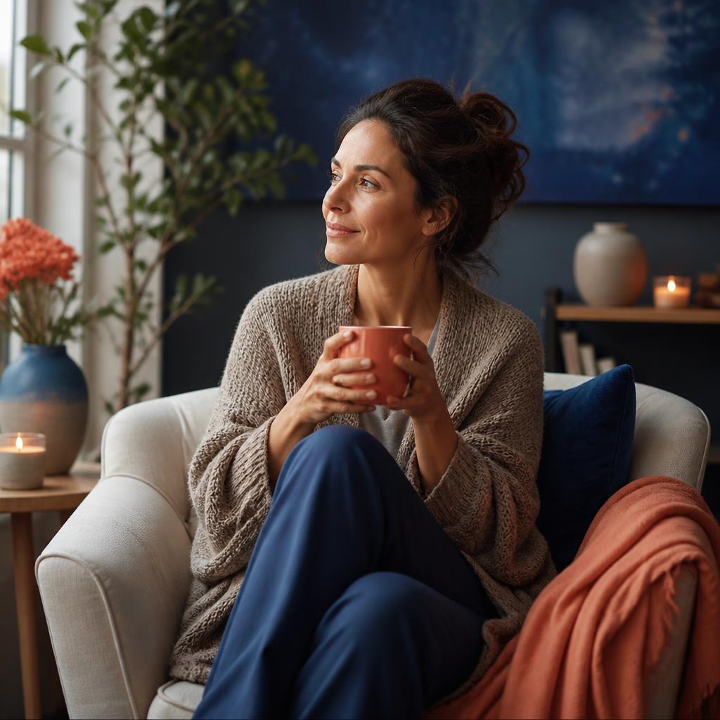 A woman resting on a sofa with a warm mug