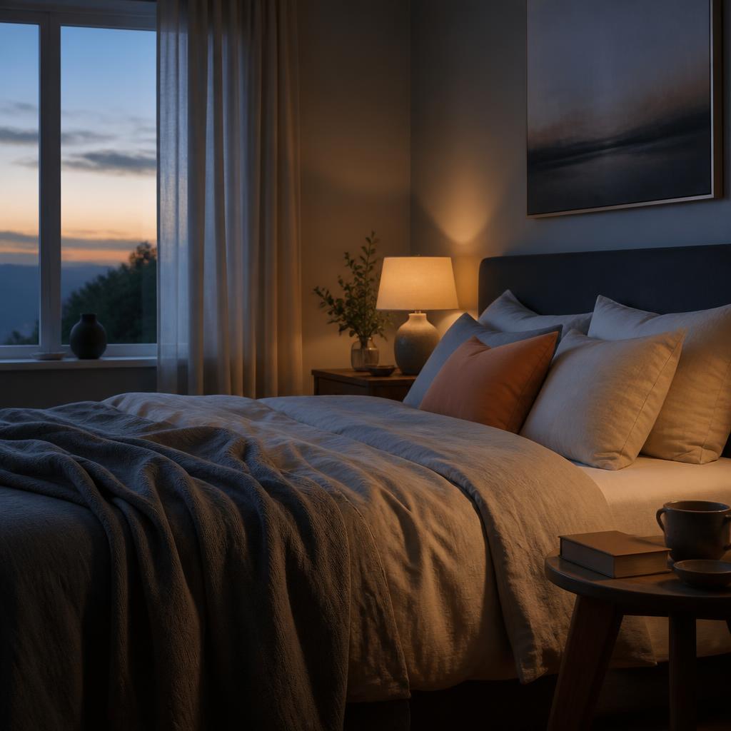A softly lit bedroom with a made bed beside a window at dusk